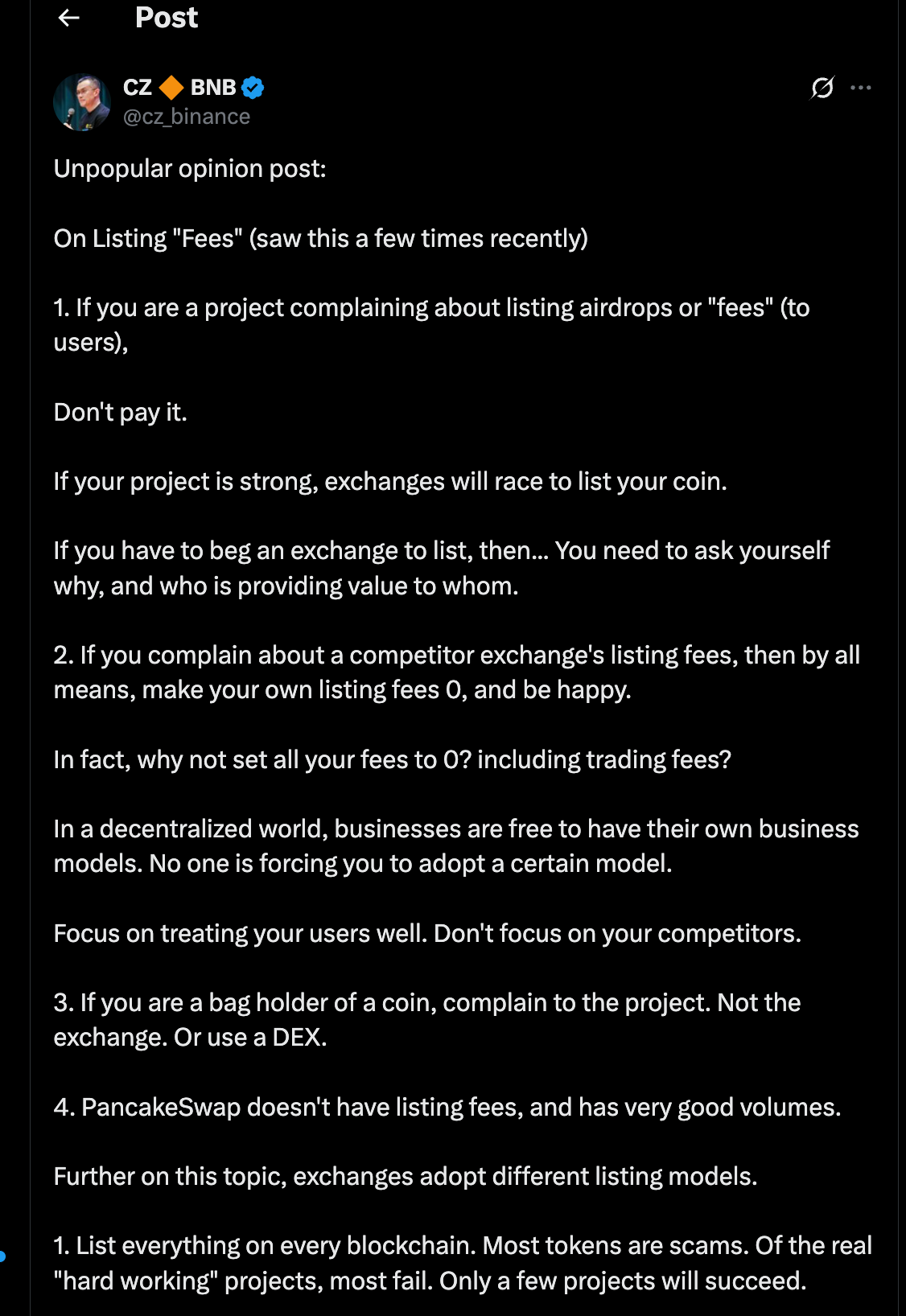 CZ reply to leaked info about Binance listing fees