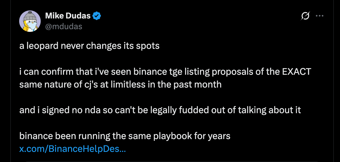 Investor Mike Dudas tweet confirming he saw similar Binance listing proposals