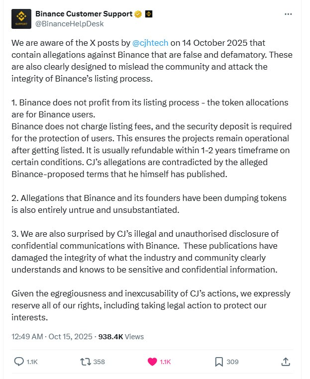 deleted Binance Help Desk statement denying listing fee accusations, citing confidentiality and legal action