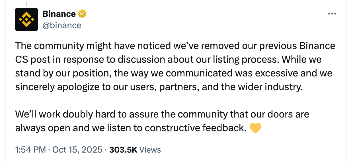 Screenshot showing Binance deleting an ‘excessive’ response and posting an apology amid controversy over alleged listing fees