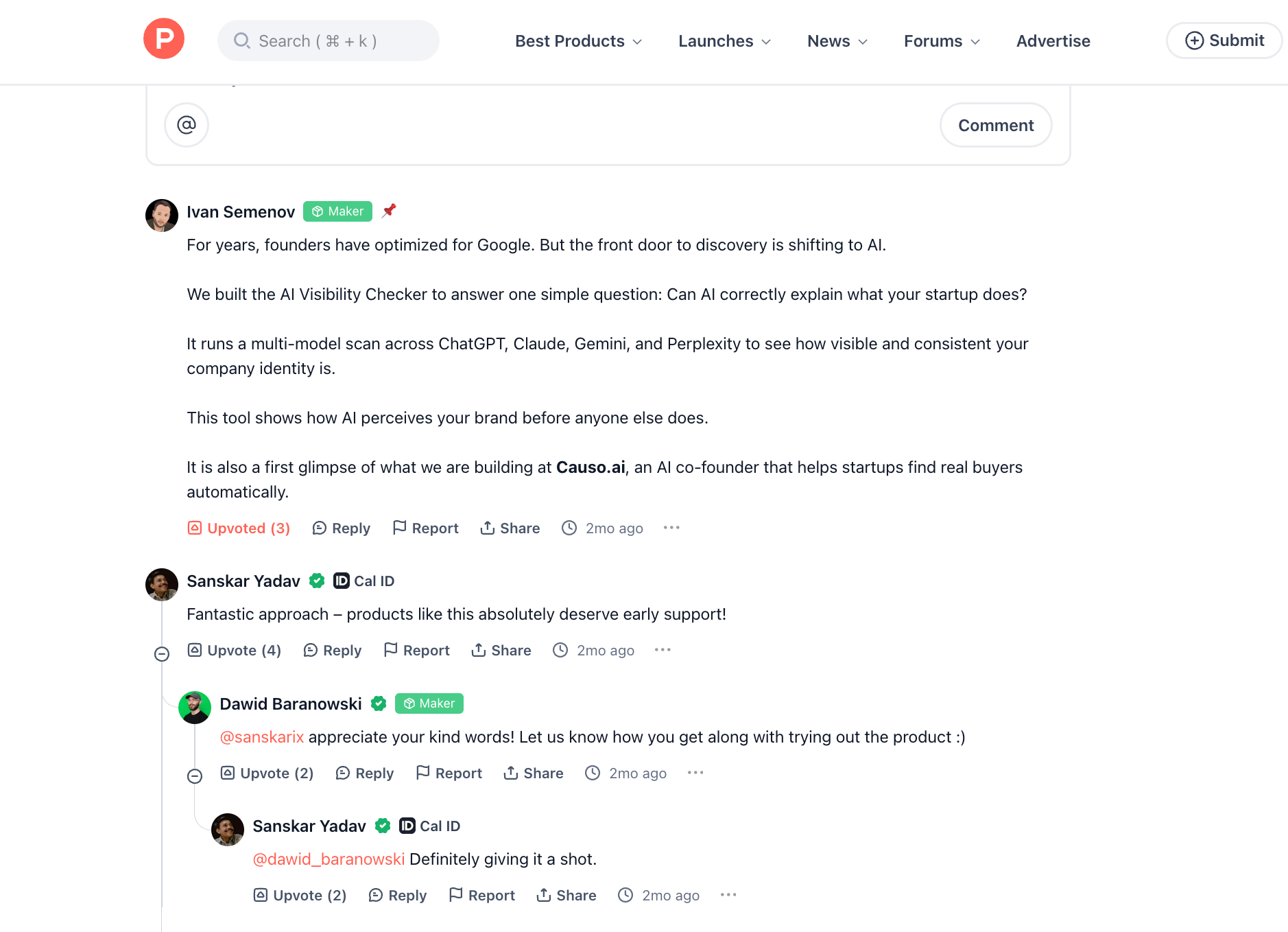 Product Hunt launch comments example from Causo showing maker engagement and feedback