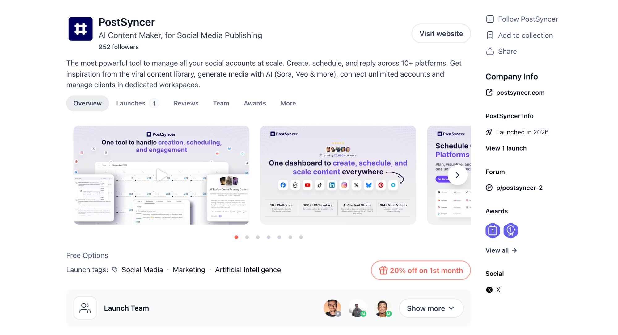 Example Product Hunt launch listing layout from PostSyncer ranked #1 PH project of the week: thumbnail, tagline, and first impressions